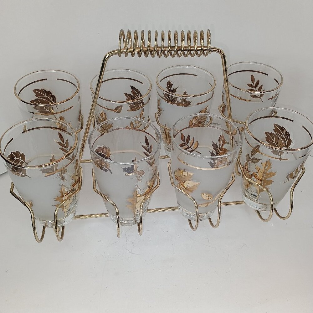 EUC Vintage MCM 60's Libby Frosted Gold Leaf Bar Glasses with Carry Rack 9 pcs.